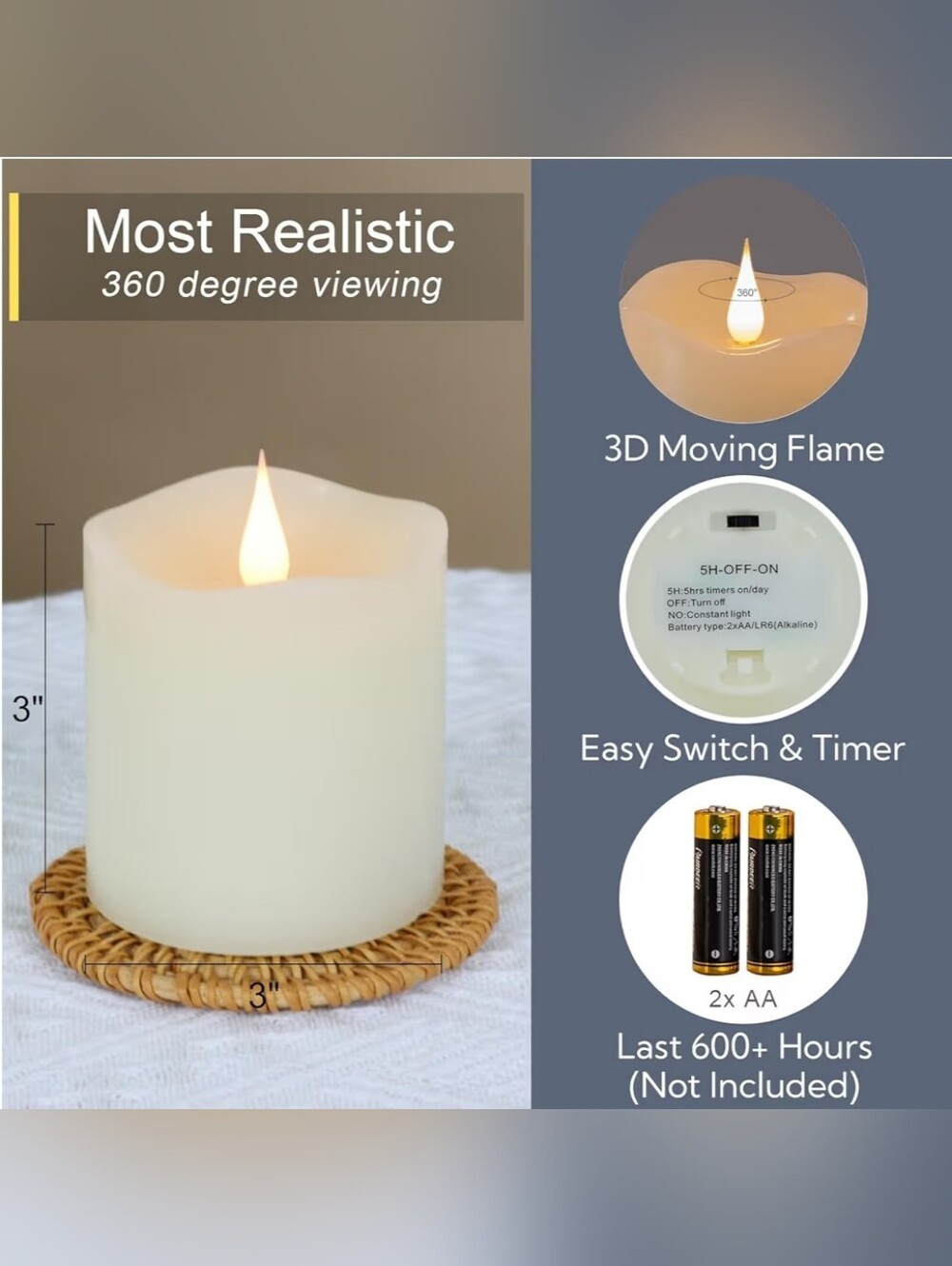 NIB Techlong Set Of TwoBattery Operated W/Remote Real Wax 3"X3" Ivory Candle - Picture 2 of 6